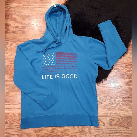 Life is Good Blue American Flag Sweatshirt Hoodie Size L - Picture 1 of 7